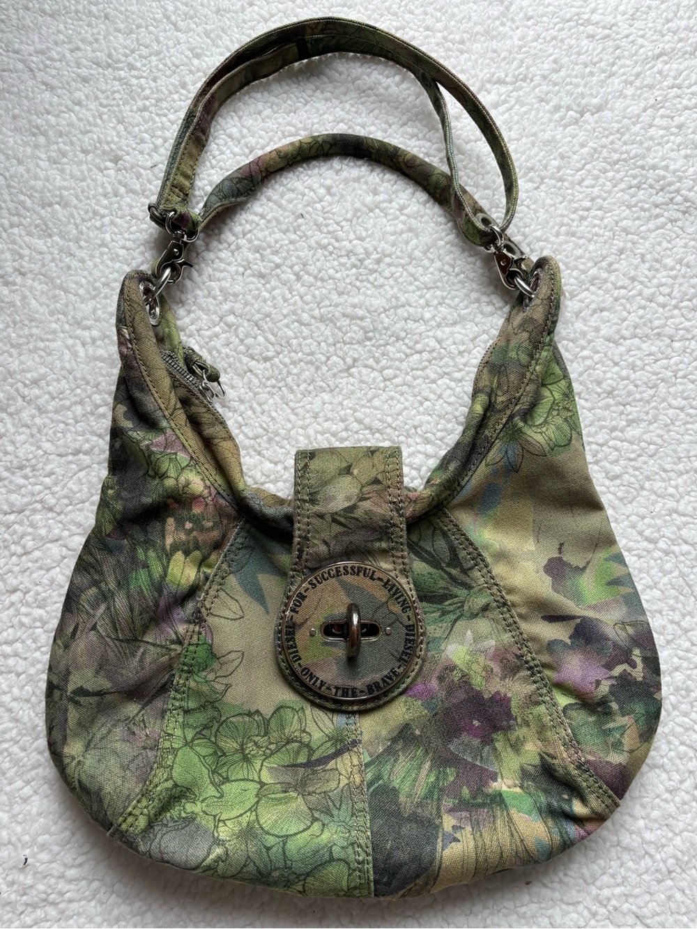 DIESEL RARE Vintage Green Botanical Floral Hobo 2-Way Shoulder / Crossbody Bag
